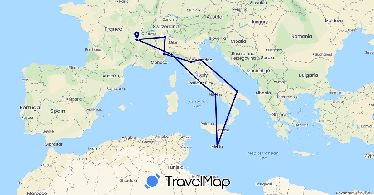 TravelMap itinerary: driving in France, Italy, Malta, San Marino (Europe)